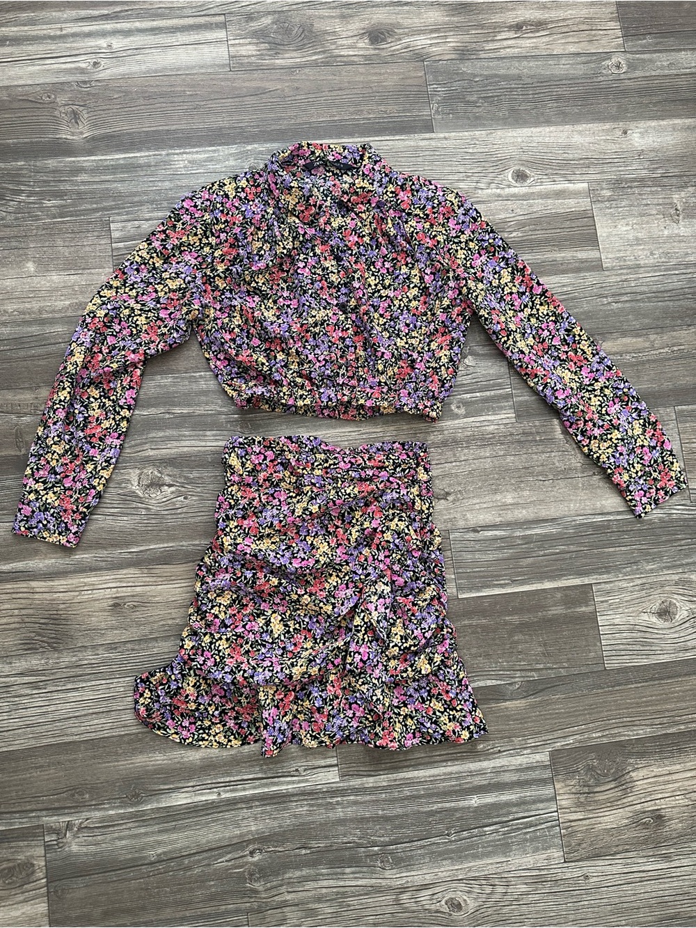 Zara Pink Multi Floral Two-Piece Crop Top and Ruffle Skirt